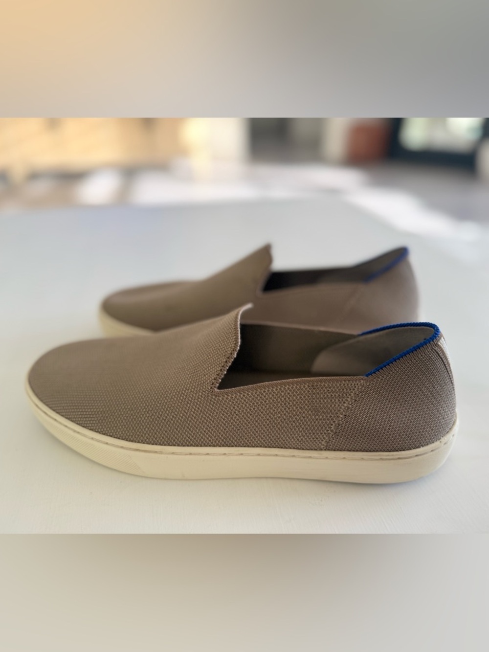 Rothy's Taupe Slip-On Sneakers with Blue Trim